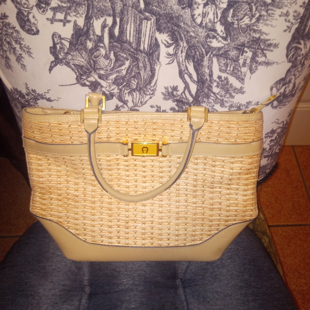 Etienne Aigner straw trimmed leather handbag